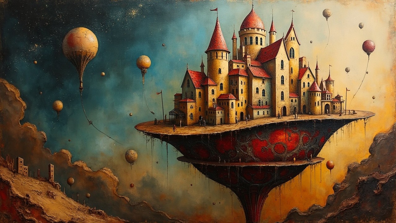 Floating Castle on a Lush Plateau with Hot Air Balloons