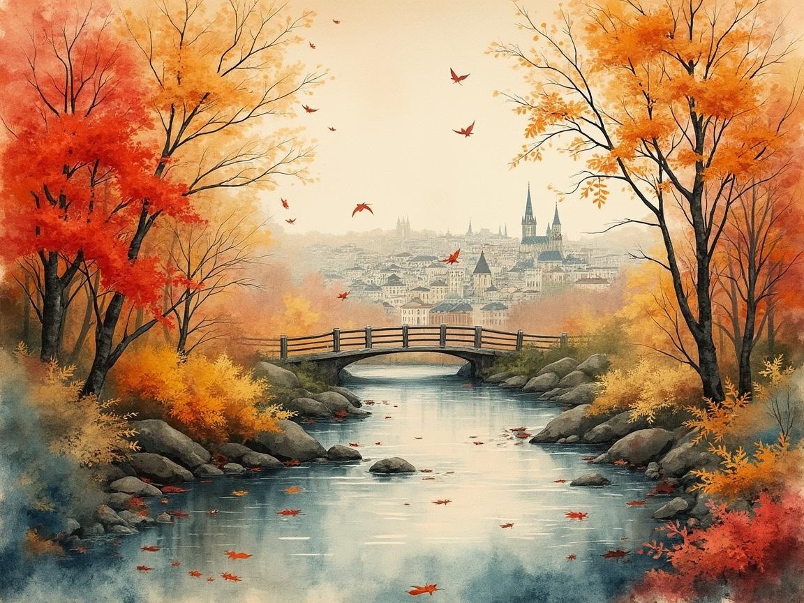 Autumn Landscape with River and Wooden Bridge