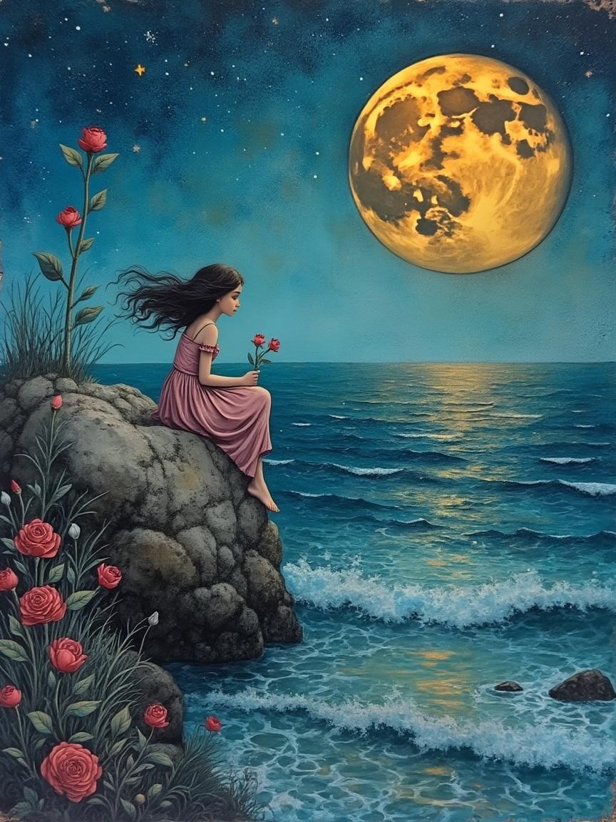 Girl by Ocean Under Moonlight with Blooming Roses