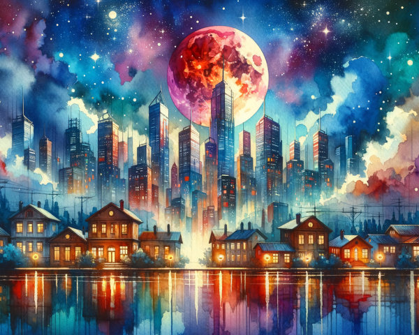 Watercolor Neighborhood with Cosmic Cityscape Background