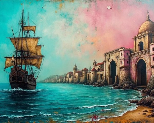 Majestic sailing ship near picturesque coastline scene