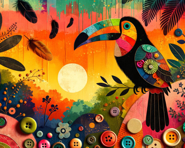 Stylized Toucan Illustration with Colorful Sunset Background
