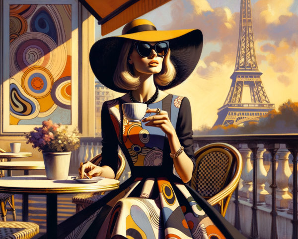 Stylish Woman in Vintage Dress at Chic Café by Eiffel Tower