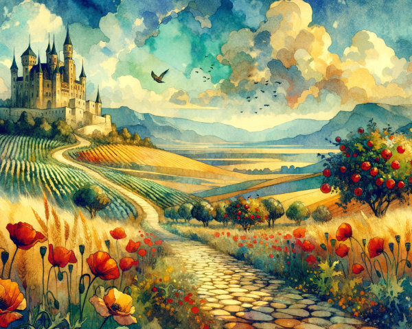 Watercolor Landscape with Castle and Lush Fields