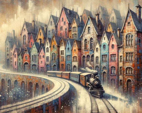 Charming Train in Whimsical Pastel Landscape Scene