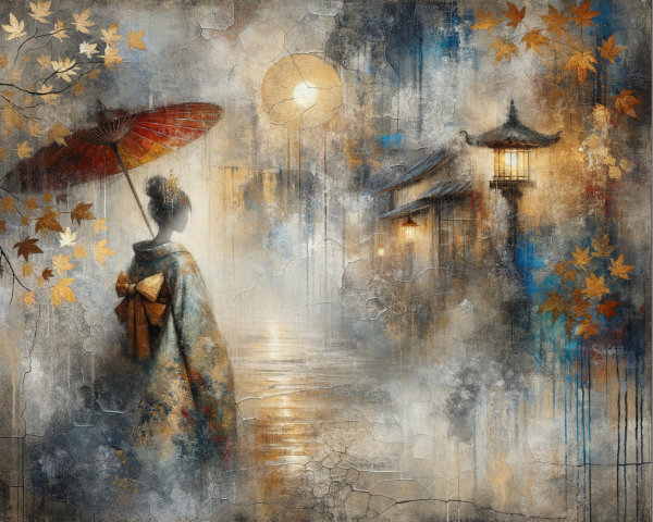 Serene Scene of Figure in Kimono by Tranquil Waterway