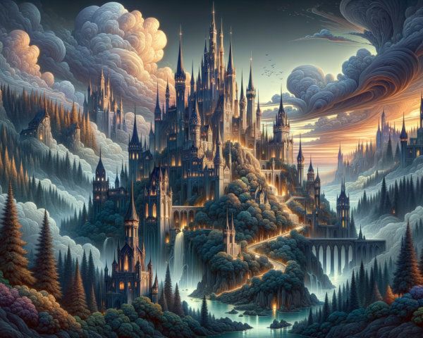 Majestic castle atop a hill with sunset backdrop