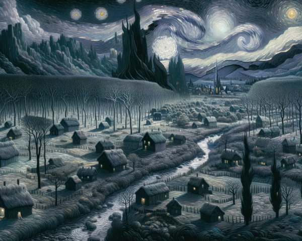 Twilight Village with Cottages and Celestial Landscape