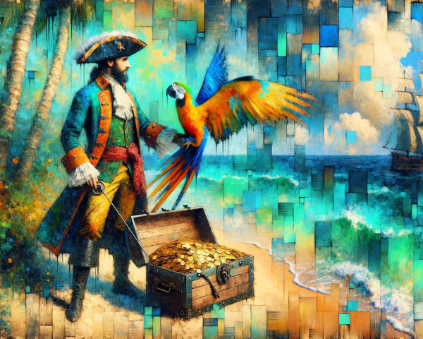 Colorful Pirate on Beach with Treasure and Ship