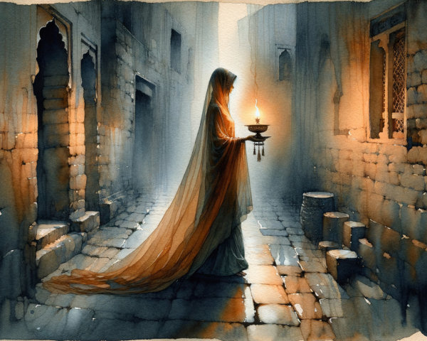 Cloaked Figure with Lantern in Dimly Lit Alleyway