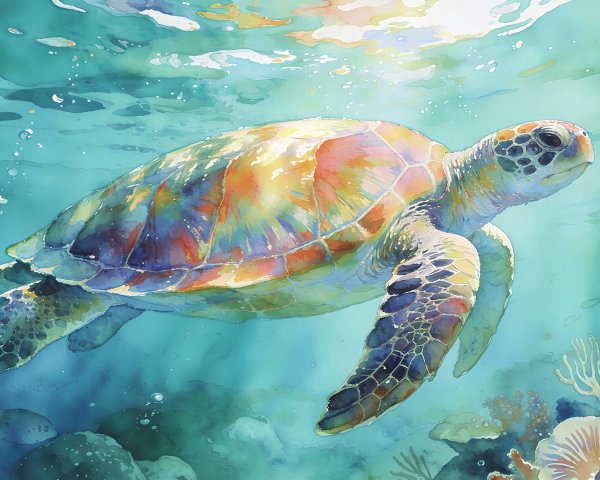 Underwater Digital Painting of a Glowing Sea Turtle