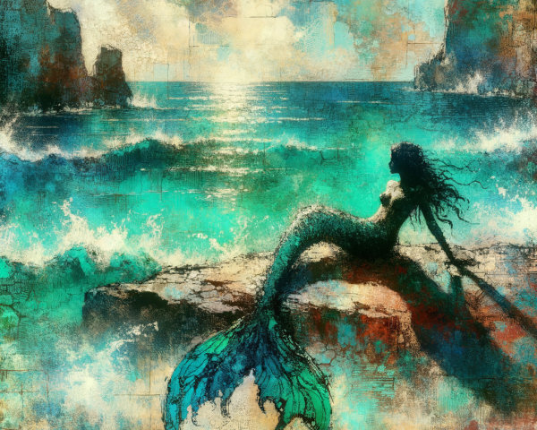Mermaid on Rocky Shore with Vibrant Sea and Sky