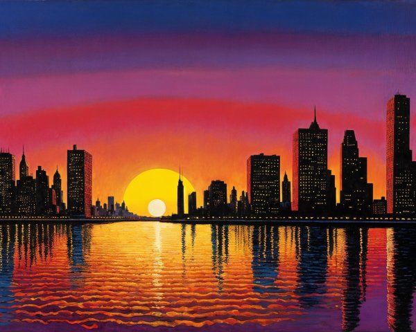 Vibrant Sunset Over City Skyline and Calm Waters