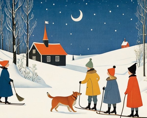 Winter Landscape with Skiers and a Cozy Cottage