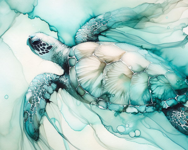 Watercolor Painting of a Turtle in Aqua Tones