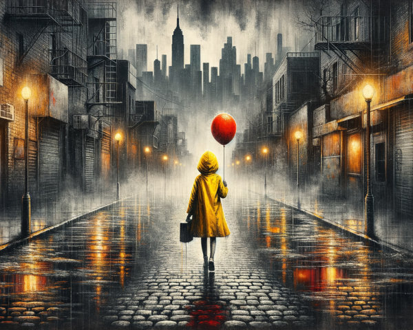 Misty Cobblestone Street with Yellow Raincoat Figure