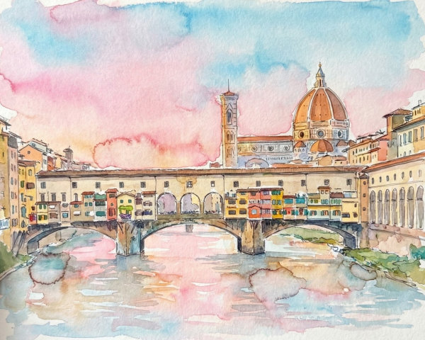 Watercolor Painting of Ponte Vecchio in Florence