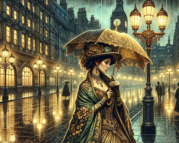 Vintage Elegance on a Rain-Soaked Street Scene