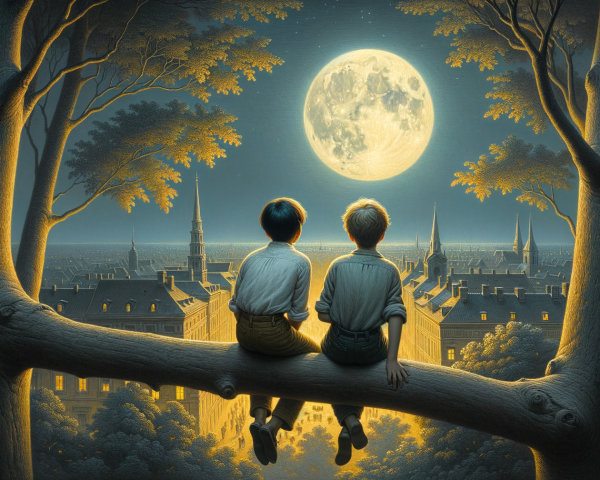 Boys on Tree Branch Under Full Moon and Starry Sky
