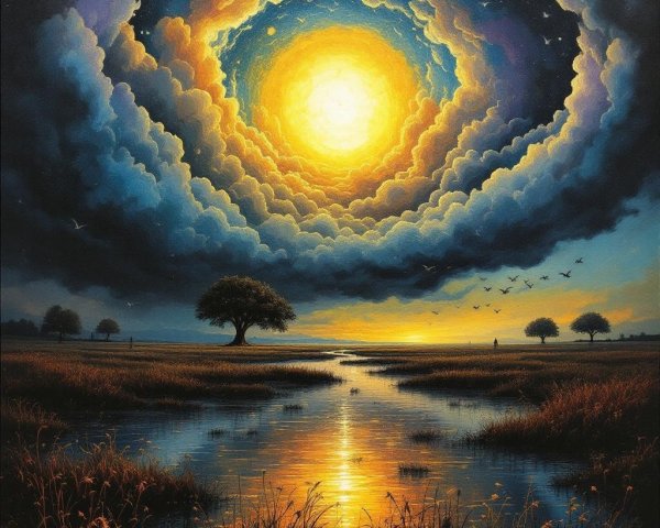 Vibrant Sunset Landscape with River and Silhouetted Trees