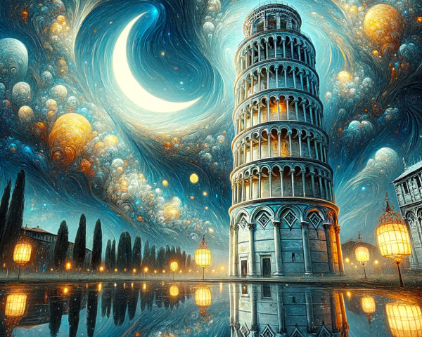 Fantastical Leaning Tower of Pisa in Cosmic Setting