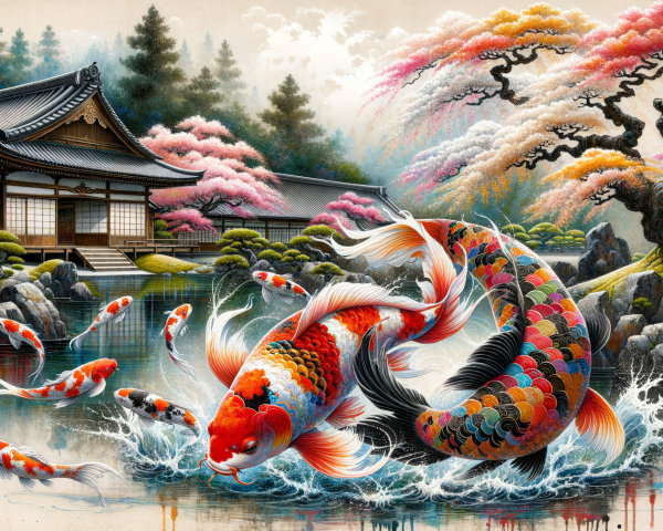 Koi Fish in Tranquil Pond with Cherry Blossoms