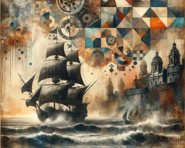 Majestic ship in stormy waters with geometric patterns