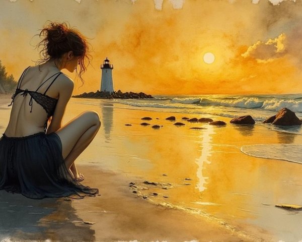 Serene Beach Scene at Sunset with Lighthouse