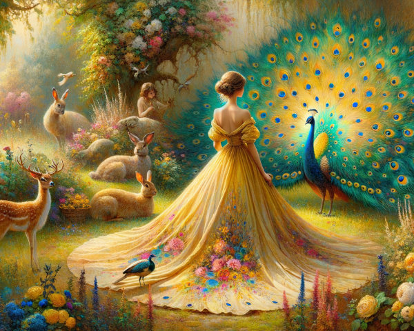 Enchanted forest scene with woman and woodland creatures