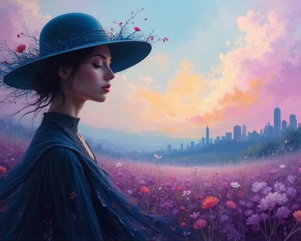 Silhouette of Woman in Flower Field with City Skyline