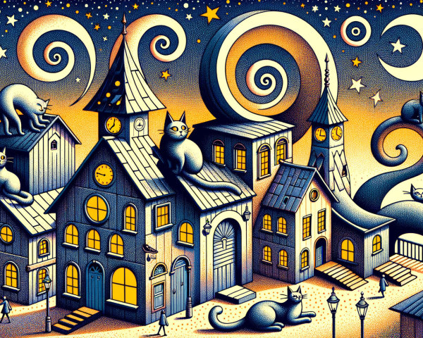 Whimsical Night Scene of a Quirky Village