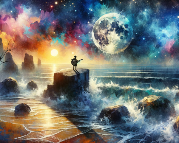 Cosmic Landscape with Guitarist by Ocean at Night