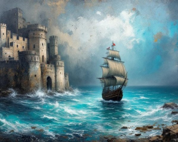 Majestic sailing ship near medieval castle and waves