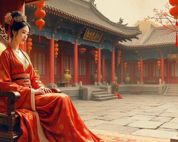 Serene Woman on Throne in Traditional Courtyard