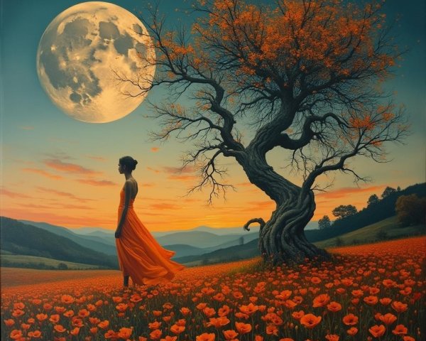 Serene Dusk Landscape with Woman in Orange Dress