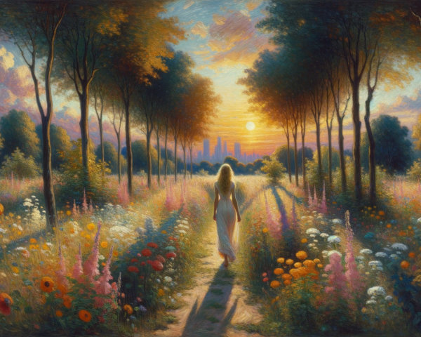 Wildflowers and Sunset Path with City Skyline