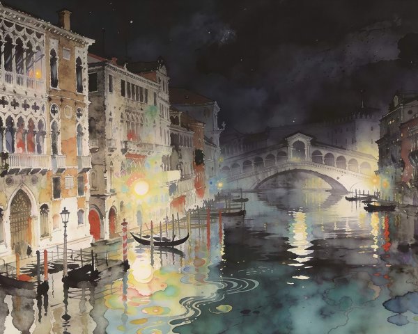 Vibrant Watercolor of Venetian Canal at Night