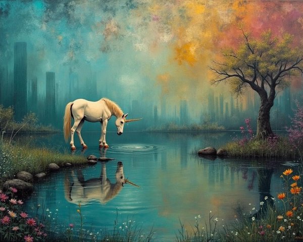Majestic Unicorn by Tranquil Lake in Vibrant Landscape