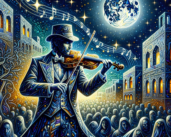 Musician in Top Hat Plays Violin Under Starry Night