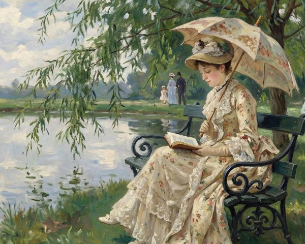 18th-Century Woman in Cream Dress Reading on Bench