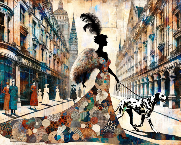 Stylish Woman in Colorful Gown with Dalmatian in Urban Scene