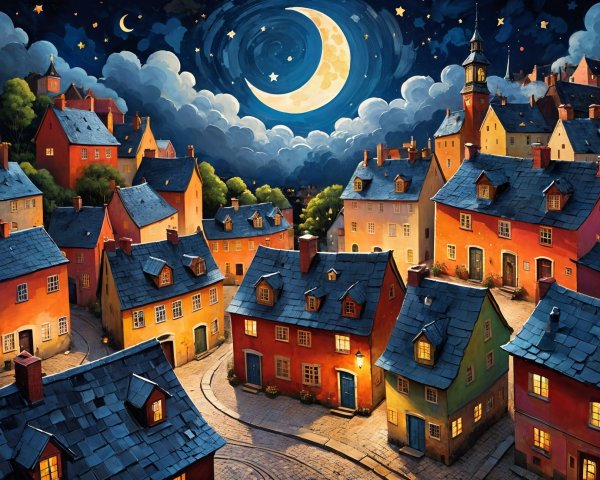 Whimsical Night Scene in a Quaint Village