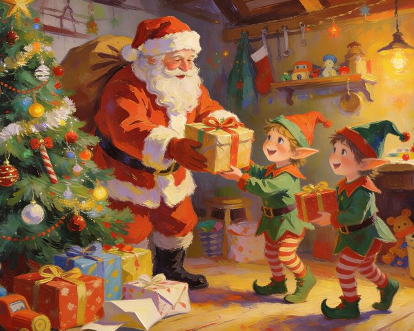 Santa Claus and Elves in a Christmas Workshop Scene