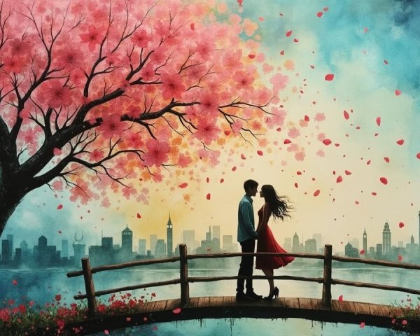 Couple on Bridge Amid Cherry Blossoms and Skyline