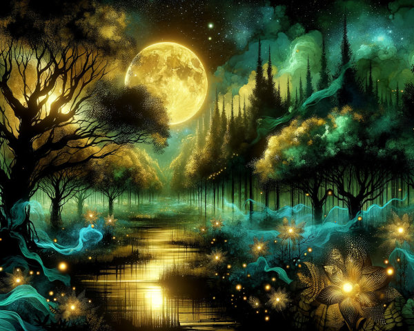 Mystical Forest Under Full Moon with Ethereal Light