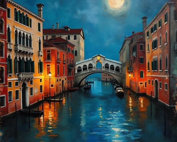 Nighttime Canal Scene in Venice with Moonlight Reflection