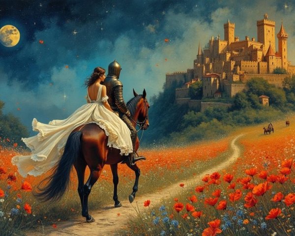 Knight and Woman in Poppy Field with Castle Background