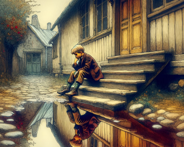 Young Boy Reflecting in Puddle at Rustic House Steps