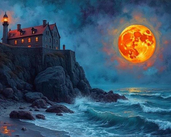 Coastal Lighthouse Scene Under Full Moon Glow