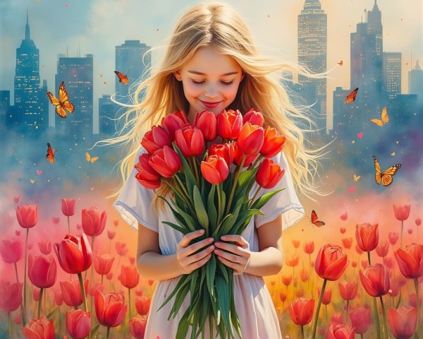 Young girl in tulip field with city skyline backdrop